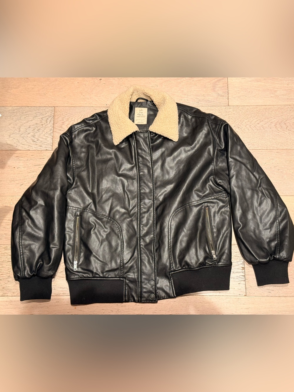 Free People We The Free Black Bomber Jacket with Cream Sherpa Collar